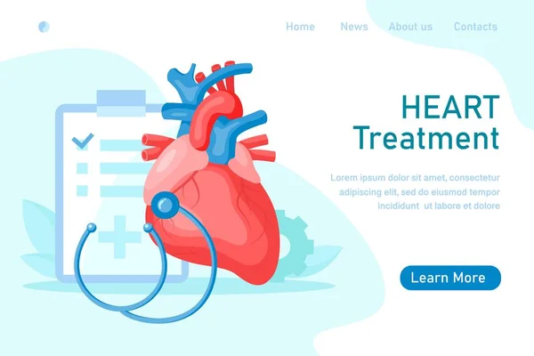 Página Aterrizaje Tratamiento Cardíaco Con Corazón Chequeo Estetoscopio Equipo Ilustración — Archivo Imágenes Vectoriales