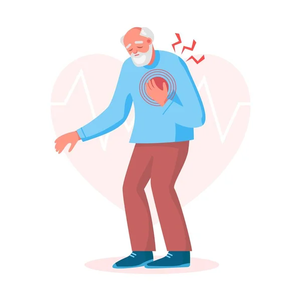 Kalp Krizi Geçirmiş Yaşlı Bir Adam Göğsüne Dokunan Bir Ağrı — Stok Vektör