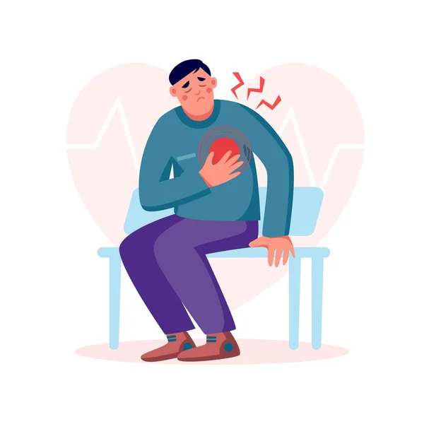 心臓発作のベンチに若い男 痛みを胸に触れる 心臓治療 健康管理と疾患診断の概念 ベクトルフラットイラスト バナー ランディングページ ウェブ背景のデザイン — ストックベクタ
