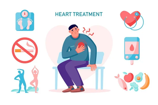 Tratamiento Del Corazón Problema Cardiovascular Infografías Con Hombre Dolor Cardíaco — Archivo Imágenes Vectoriales