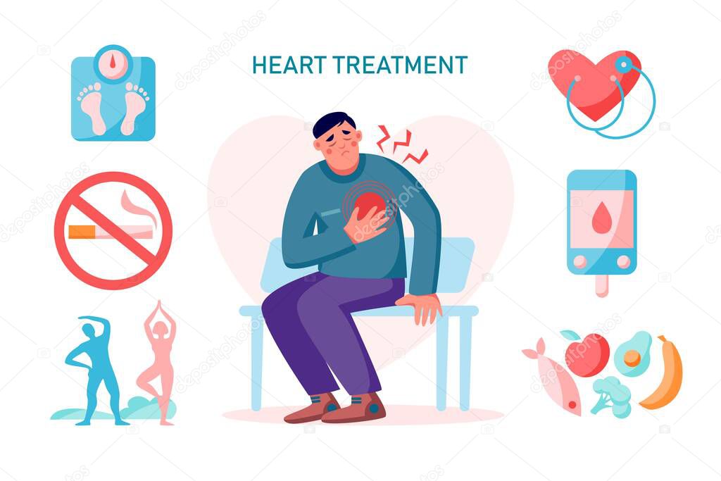 Heart treatment cardiovascular problem,  infographics with man and heart pain. Healthy lifestyle concept. Vector flat illustration.Weight scale, heart, exercise, food, diabetes control
