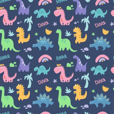 Dinosaurus cute  seamless pattern with rainbow, palm tree, stone, branch isolated on blue background. Vector flat illustration. Design for childish textile, fabric, wallpaper, wrapping clipart