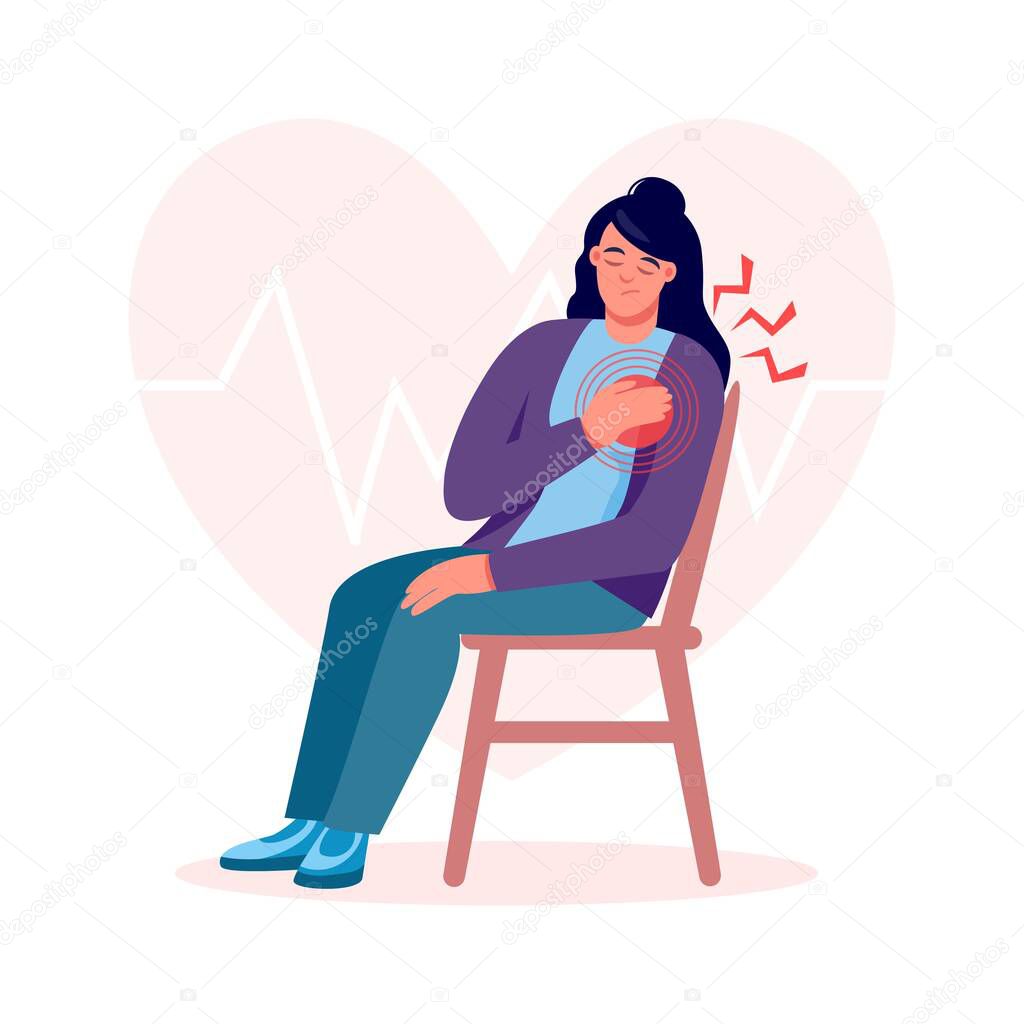 Young woman on chair with heart attack, pain touching chest. Heart treatment, health care and disease diagnostic concept. Vector flat illustration. Design for banner, landing page, web background