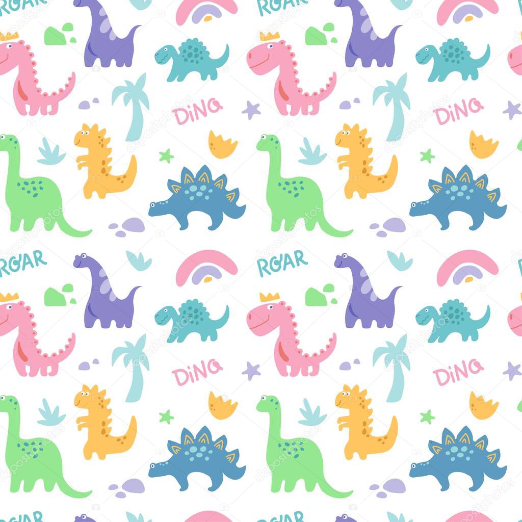 Dinosaurus cute  seamless pattern with rainbow, palm tree, stone, branch isolated on white background. Vector flat illustration. Design for childish textile, fabric, wallpaper, wrapping
