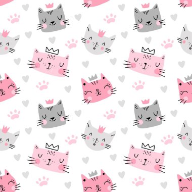 Sevimli, renkli, pürüzsüz, kalbi olan, beyaz arka planda izole edilmiş bir kedi. Karalama tarzında vektör illüstrasyonu. Çocuksu tekstil, kumaş, duvar kağıdı, ambalaj için tasarım