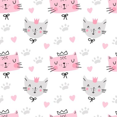 Sevimli kedilerin, kalbi ve beyaz arka planda izole edilmiş ayak izleri var. Karalama tarzında vektör illüstrasyonu. Çocuksu tekstil, kumaş, duvar kağıdı, ambalaj için tasarım