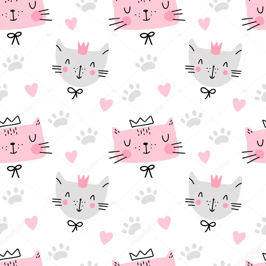 Cute cat seamless pattern with  heart, footprint isolated on white background. Vector  illustration in doodle style. Design for childish textile, fabric, wallpaper, wrapping