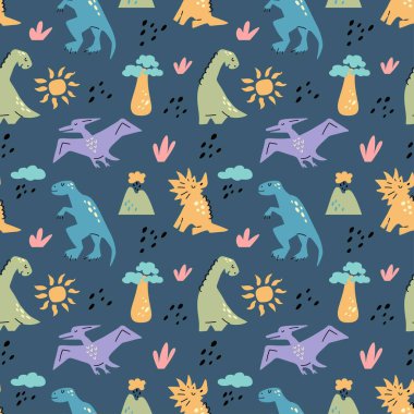 Dinozorlar, güneşli, baobab ağacından, volkandan oluşan, koyu mavi arka planda izole edilmiş, şirin, pürüzsüz bir desen. Vektör düz çizim. Çocuksu tekstil, kumaş, duvar kağıdı, ambalaj için tasarım