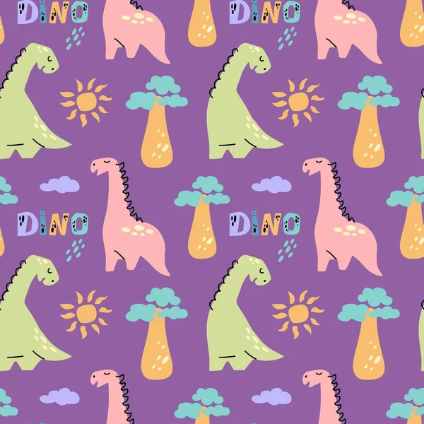 バオバブの木 紫色の背景に隔離された引用符ディノとDinosaurusかわいいシームレスなパターン ベクトルフラットイラスト 子供服 ファブリック ラッピングのためのデザイン — ストックベクタ