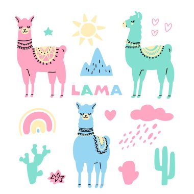 Kaktüs, güneş, gökkuşağı, bulut, kalp ve beyaz arka planda izole edilmiş bir yıldız demeti. Vektör düz çizim. Tebrik kartı, çıkartma ve baskı için tasarım