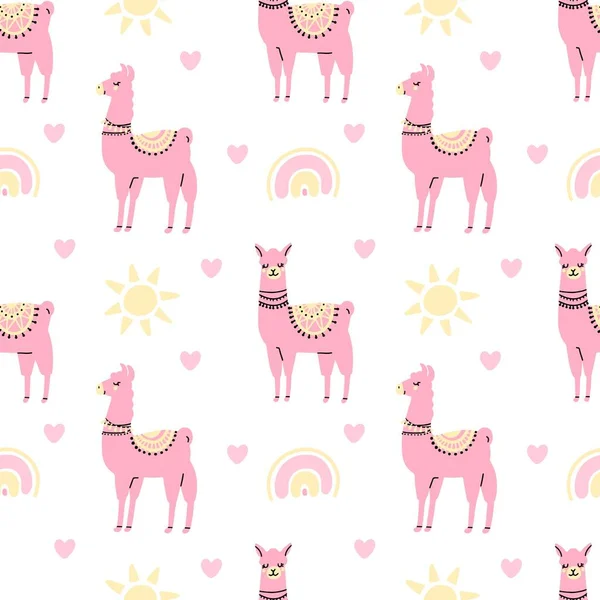 Cute Pink Lamas Seamless Pattern Sun Heart Rainbow Isolated White — Stock Vector