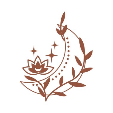 Nilüfer çiçeği, yaprak ve beyaz arka planda izole edilmiş yıldız ile sihirli boho hilal ayı. Göksel vektör düz çizim. Dövme, kart, web hikayeleri için mistik tasarım