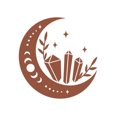 Kristal, yaprak ve beyaz arka planda izole edilmiş yıldızlı sihirli boho hilal ayı. Göksel vektör düz çizim. Dövme, kart, web hikayeleri için mistik tasarım