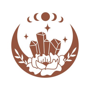 Beyaz arka planda çiçek, yaprak, yıldız ve kristal izole edilmiş sihirli boho hilal ayı. Göksel vektör düz çizim. Dövme, kart, web hikayeleri için mistik tasarım