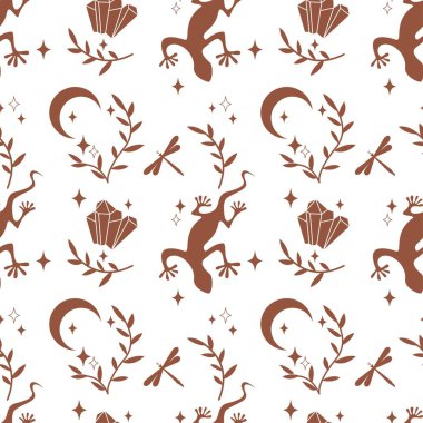 Kertenkele, kristal, yıldız, ay, yaprak, yusufçuk desenli büyülü esrarengiz boho deseni. Mistik vektör düz çizim. Kumaş, ambalaj, astroloji, telefon kılıfı, paketleme için tasarım
