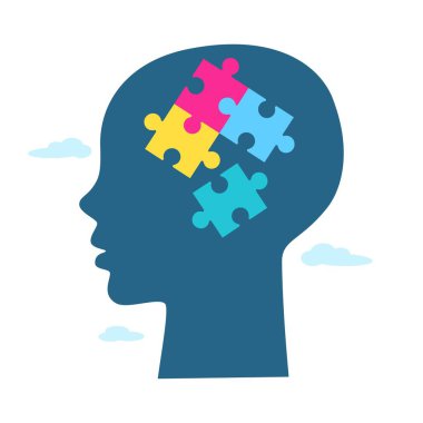 Renkli bulmacalı çocuk kafası silueti, beyaz arka planda izole bulutlar. Dünya otizm farkındalık günü. Sağlık hizmeti konsepti. Infographic, banner, card için tasarım.