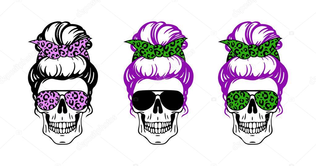 Woman skull set with sunglasses, bandana with leopard print isolated on white. Mom skull messy bun lifestyle. Vector flat illustration. Design for fashion, halloween card, print