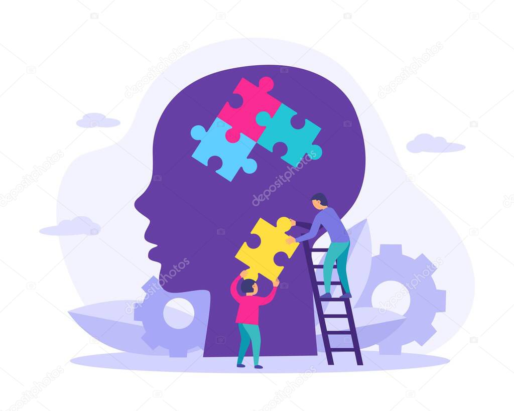 Child head silhouette with colorful puzzles and tiny people, gear, leaves, clouds isolated on white background. World autism awareness day. Health care concept. Design for infographic, banner, card.