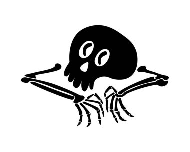 Elle çizilmiş siyah kafatasları ve beyaz arka planda izole edilmiş çapraz iskelet silueti. Vektör çizgisi düz çizim. Tasarım kemiği, Cadılar Bayramı için iskelet ölüm, korsan partisi, davetiye kartı