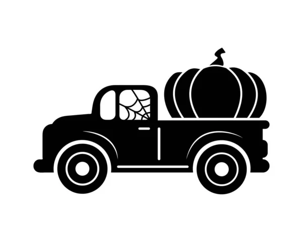 Silueta Halloweenského Náklaďáku Dýněmi Automobil Podzimní Sklizní Izolovaný Bílém Pozadí — Stockový vektor