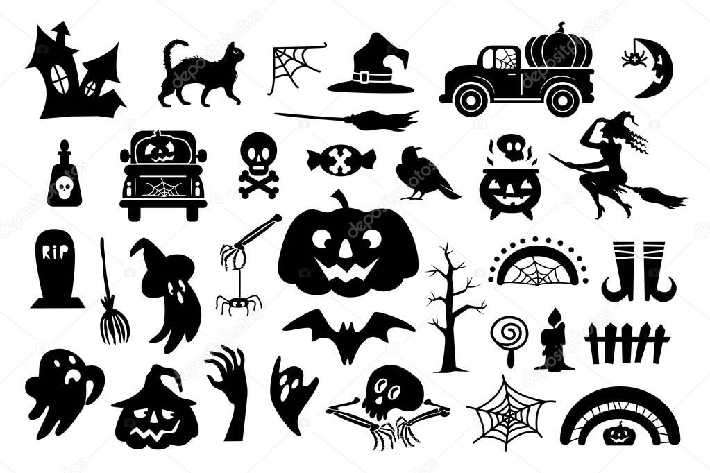 Halloween icon set with holiday symbol for celebration isolated on white background. Vector outline illustration. Design for greeting card, flyer, banner, print