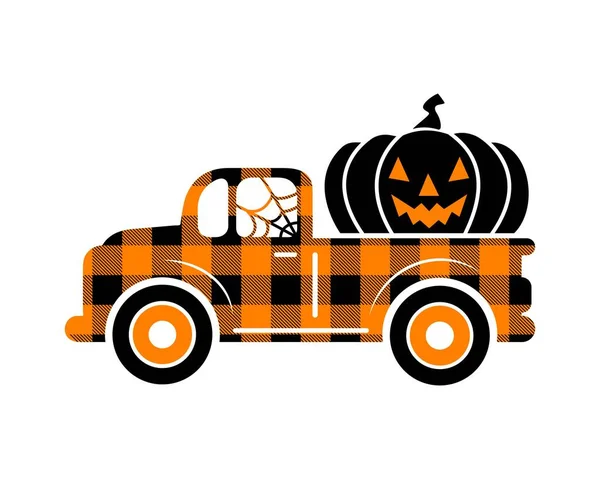 Halloween Buffalo Plaid Truck Silhouette Pumpkin Automobile Autumn Harvest Isolated — Stock Vector