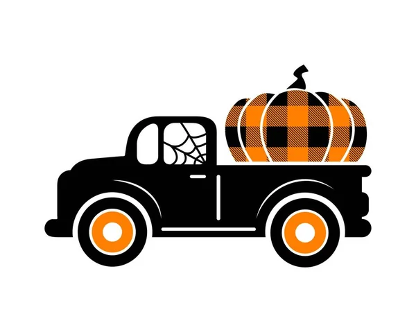Χαλογουίν Φορτηγό Σιλουέτα Βουβάλι Καρό Πορτοκαλί Κολοκύθα Ενοικίαση Αυτοκινήτου Φθινοπωρινή — Διανυσματικό Αρχείο