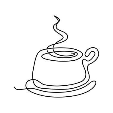 Elle çizilmiş sürekli bir fincan kahve, beyaz arka planda izole edilmiş çay. Vektör çizgisi çizimi. Kart, afiş, poster, broşür için tasarım