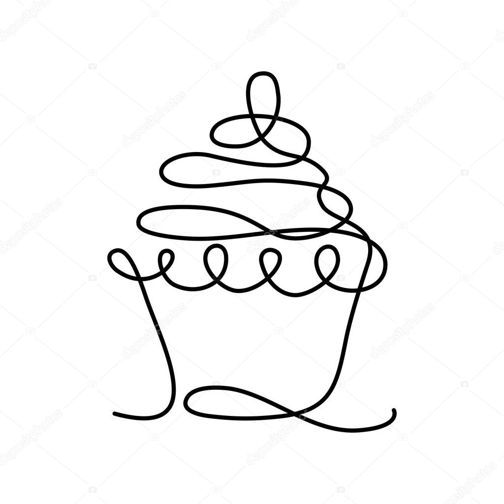 Hand drawn continuous line of cup cake isolated on white background. Sweet muffin one single line drawing. Vector line art illustration. Design cookies for card, banner, poster, flyer, shop