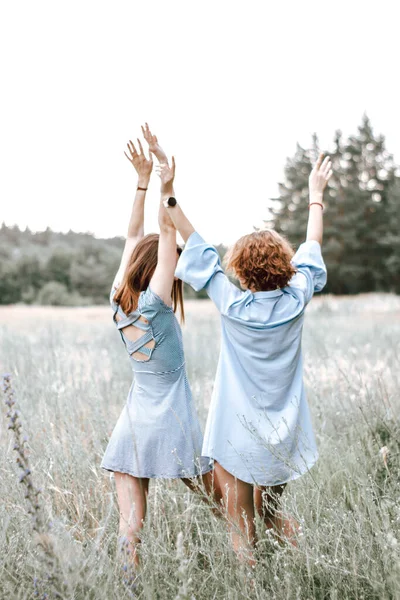 Duas Mulheres Ruivas Jovens Vestidos Azuis Ficam Costas Acenam Com — Fotografia de Stock