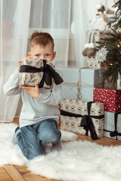 Küçük bir çocuk Noel hediyesini izliyor Noel ağacının yanındaki halıda oturuyor. Yüzünde heyecanlı duygular, bir sürü hediyeyle mutlu bir çocuk. Kış büyüsü zamanı, peri masalı heyecanı. Dikey