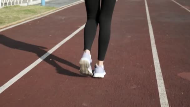 Seguimento tiro de menina corredor jovem em sportswear andando e correndo na pista — Vídeo de Stock