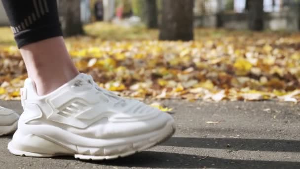 Gros plan de jeunes femmes jambes en baskets blanches et leggings noirs au parc — Video