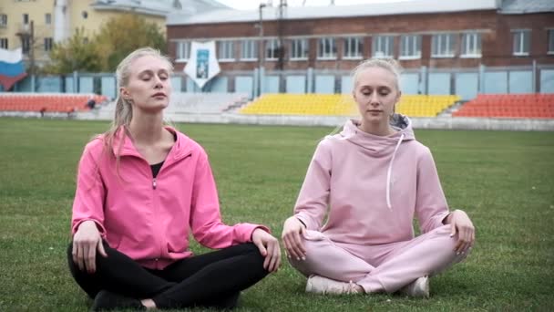 Dva mladí fit usmívající se dvojčata v růžovém sportovním oblečení sedět na trávě pole v lotosu póza — Stock video