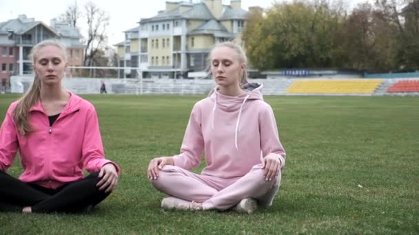 Due giovani gemelli in abbigliamento sportivo rosa siedono al campo di erba in posa di loto, meditano — Video Stock