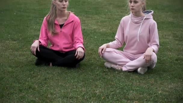 Δύο δίδυμα με ροζ αθλητικά κάθονται στο γρασίδι σε στάση λωτού, διαλογίζονται. — Αρχείο Βίντεο