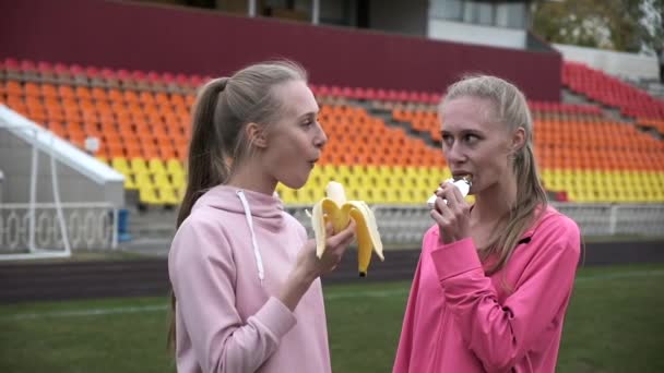 Twee identieke tweelingzussen in roze sportkleding in het stadion na fitnesstraining — Stockvideo