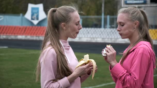 Δύο πανομοιότυπες δίδυμες αδελφές σε ροζ αθλητικά ρούχα στο στάδιο μετά την προπόνηση φυσικής κατάστασης — Αρχείο Βίντεο