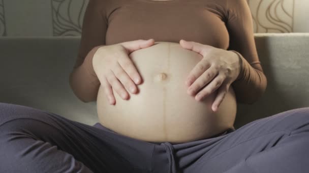 Young pregnant woman stroking big belly on couch, making heart shape with hands — Stock Video