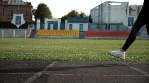 Slim fitness runner spor giyim stadyum pistinde başlangıç pozisyonunda duruyor — Stok video