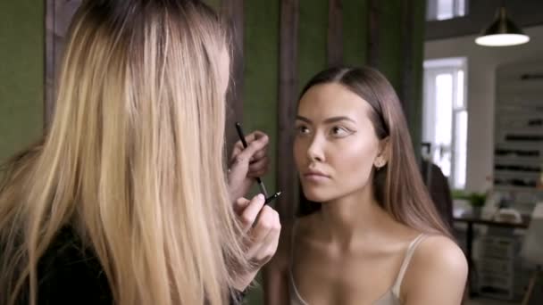 Atractivo caucásico maquillaje artista haciendo maquillaje para joven hembra en salón de belleza — Vídeos de Stock