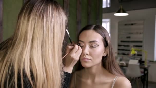 Ελκυστική καυκάσια makeup artist κάνει μακιγιάζ για νεαρή γυναίκα στο σαλόνι ομορφιάς — Αρχείο Βίντεο
