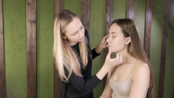 Візажист працює, застосовуючи зволожуючий крем на обличчі клієнта - азіатська жінка — стокове відео