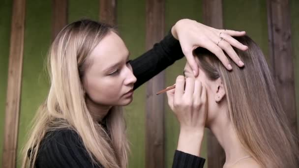 Atractivo caucásico maquillaje artista haciendo maquillaje para asiático femenino en salón de belleza — Vídeos de Stock