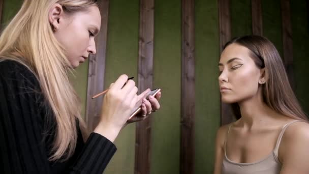 美容室で若い女性のための化粧をする魅力的な白人化粧アーティスト — ストック動画