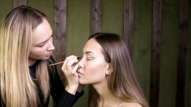 Aantrekkelijke Kaukasische make-up kunstenaar doet make-up voor jonge vrouw in schoonheidssalon — Stockvideo