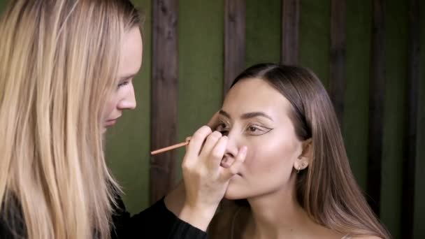 Ελκυστική καυκάσια makeup artist κάνει μακιγιάζ για νεαρή γυναίκα στο σαλόνι ομορφιάς — Αρχείο Βίντεο