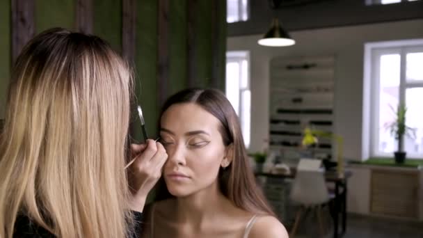 Atractivo caucásico maquillaje artista haciendo maquillaje para joven hembra en salón de belleza — Vídeos de Stock