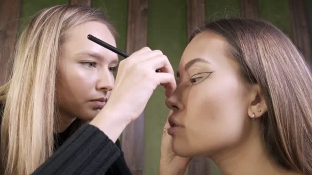 Aantrekkelijke Kaukasische make-up kunstenaar doen make-up voor aziatische vrouw in schoonheid salon — Stockvideo