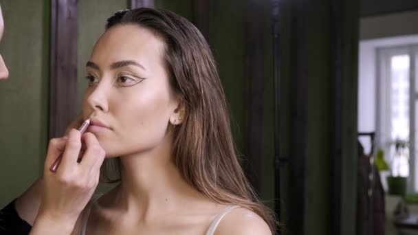 Професійний візажист малює губи молодої брюнетки азіатки в салоні — стокове відео